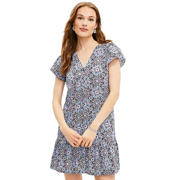 LOFT Dresses & Skirts - Loft Medallion Print Button Front Drop Waist Ruffle Flounce Mini Swing Dress L